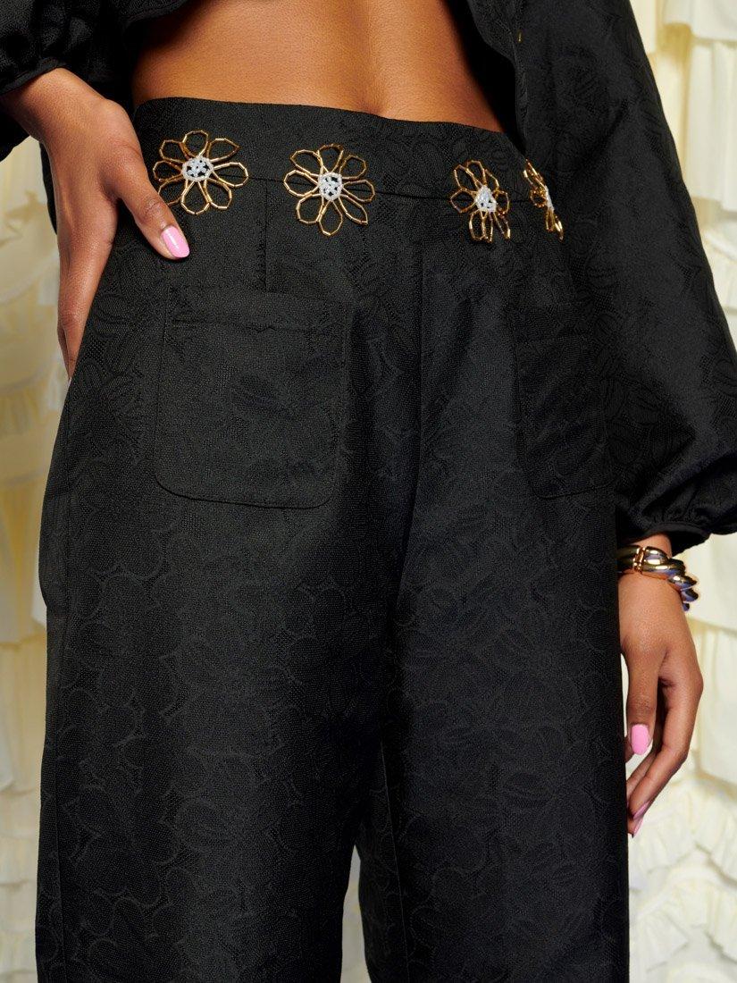 Product image 5 of 6, which shows Sister Jane Jacquard Flower Trim Trousers, Black, 6