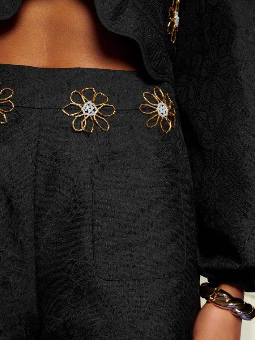 Product image 6 of 6, which shows Sister Jane Jacquard Flower Trim Trousers, Black, 6