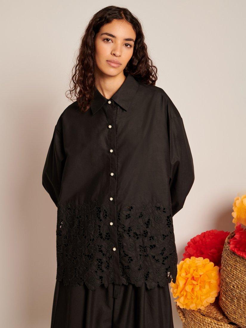 Product image 1 of 6, which shows Sister Jane Embroidered Floral Hem Shirt, Black, 6