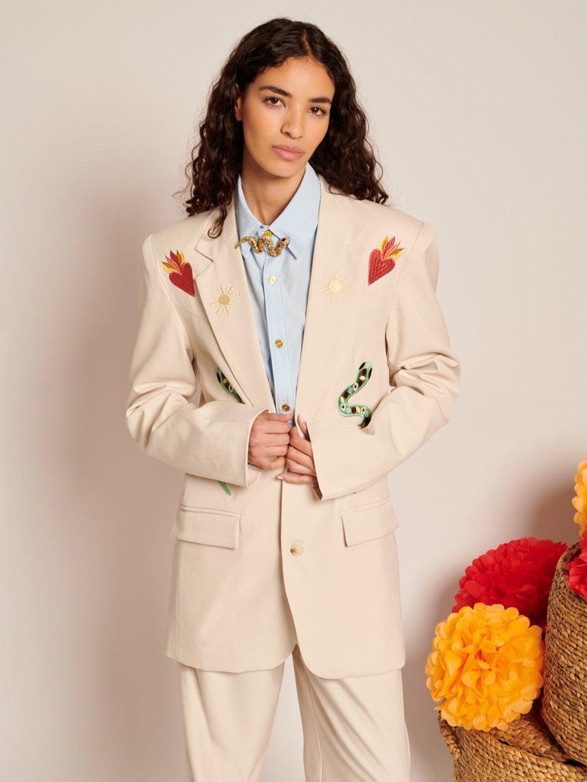 Product image 1 of 2, which shows Sister Jane Digo Embroidered Twill Blazer, Cream, XXS