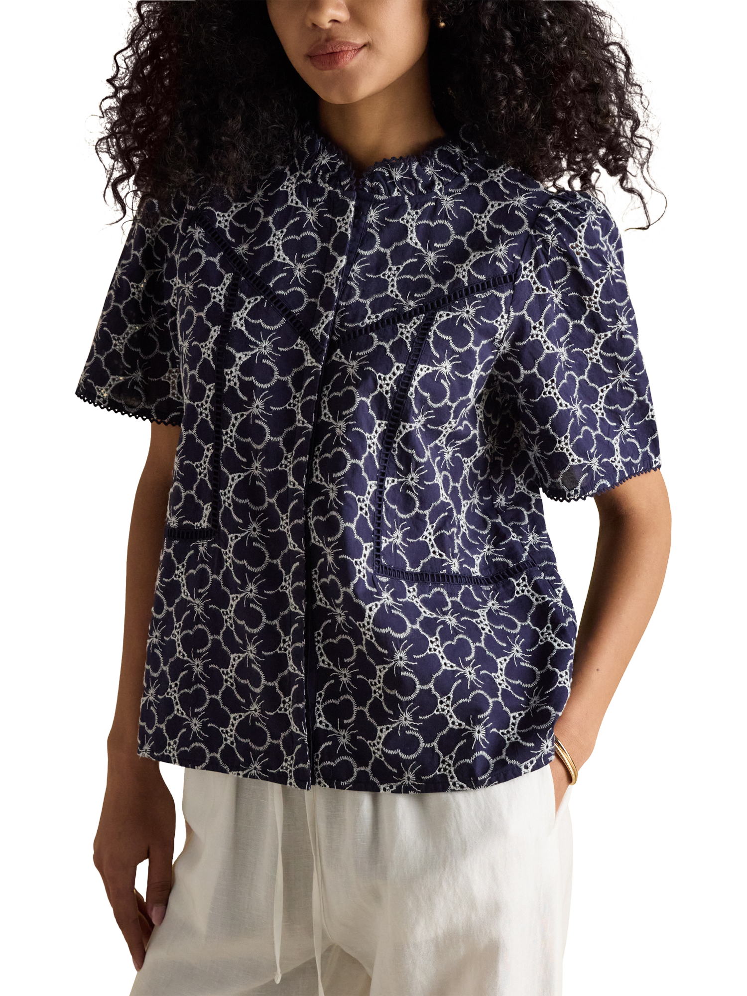 Joules Remi Broderie Detail Top, Navy/White