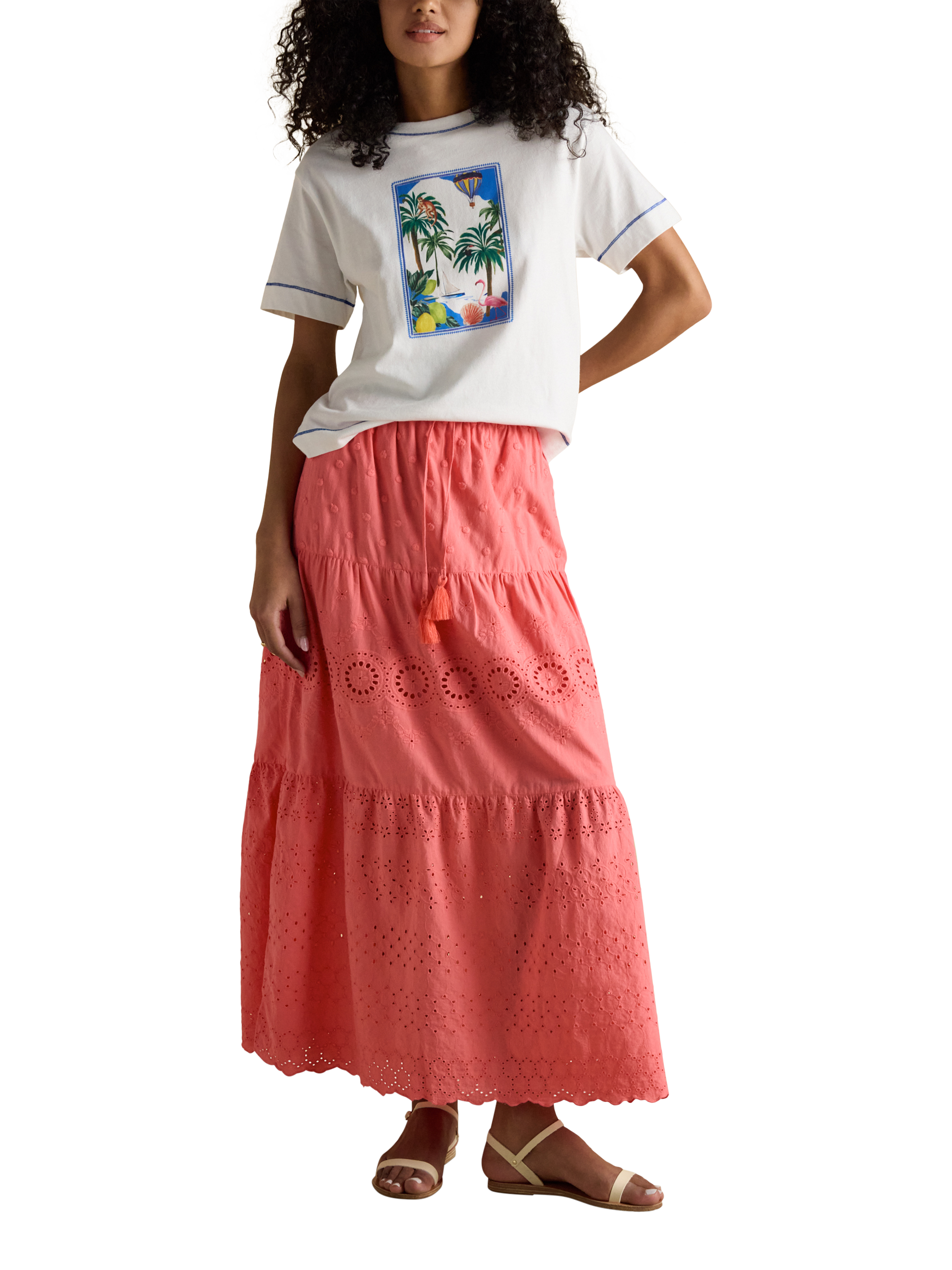 Joules Broderie Anglaise Tiered Maxi Skirt, Coral