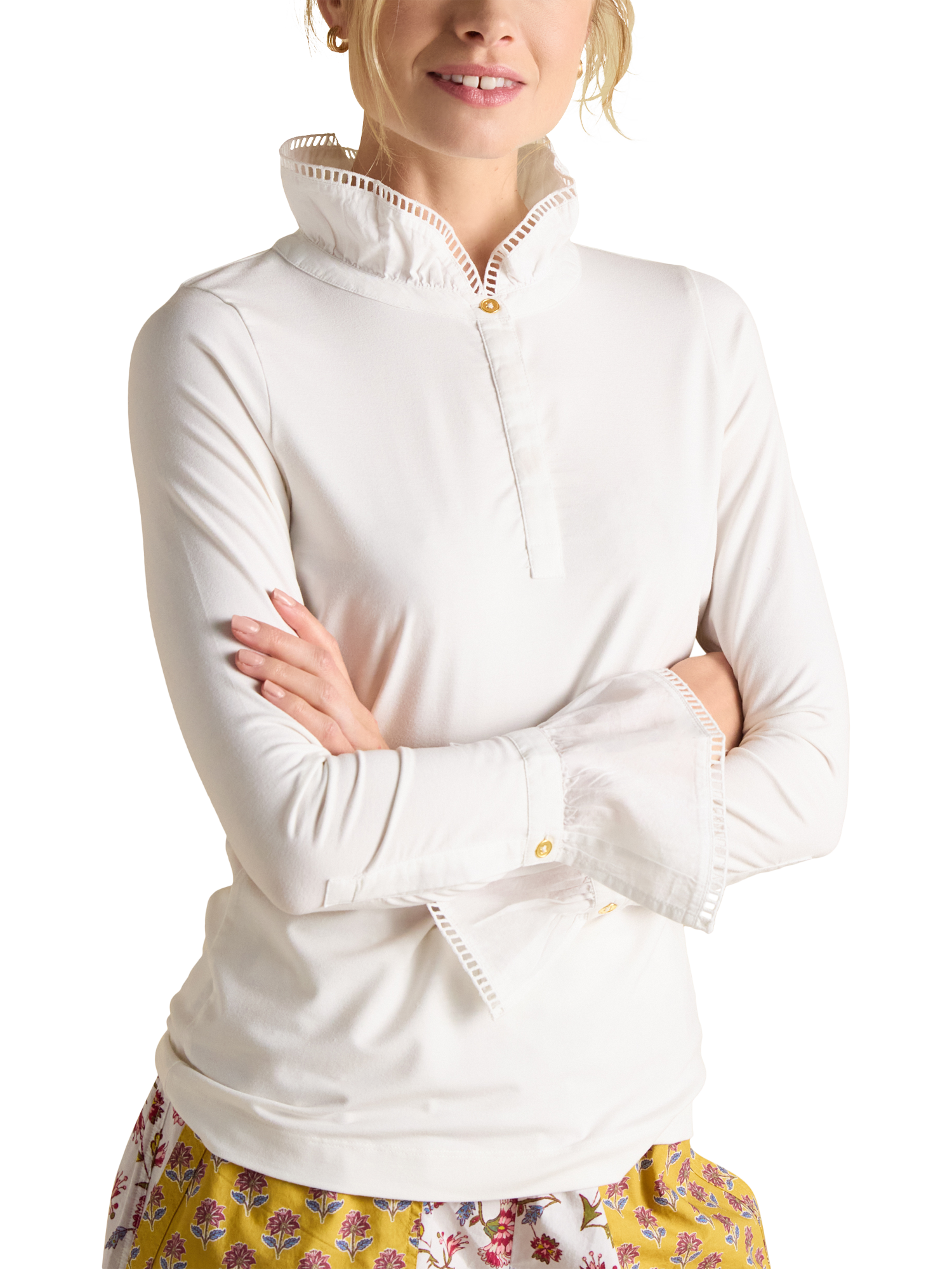 Product image 1 of 6, which shows Joules Kate Long Sleeve High Neck Jersey Top, White, 6