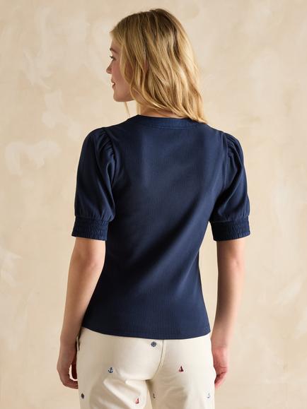 Joules Tabitha Ribbed V-Neck Top - view 2, Navy