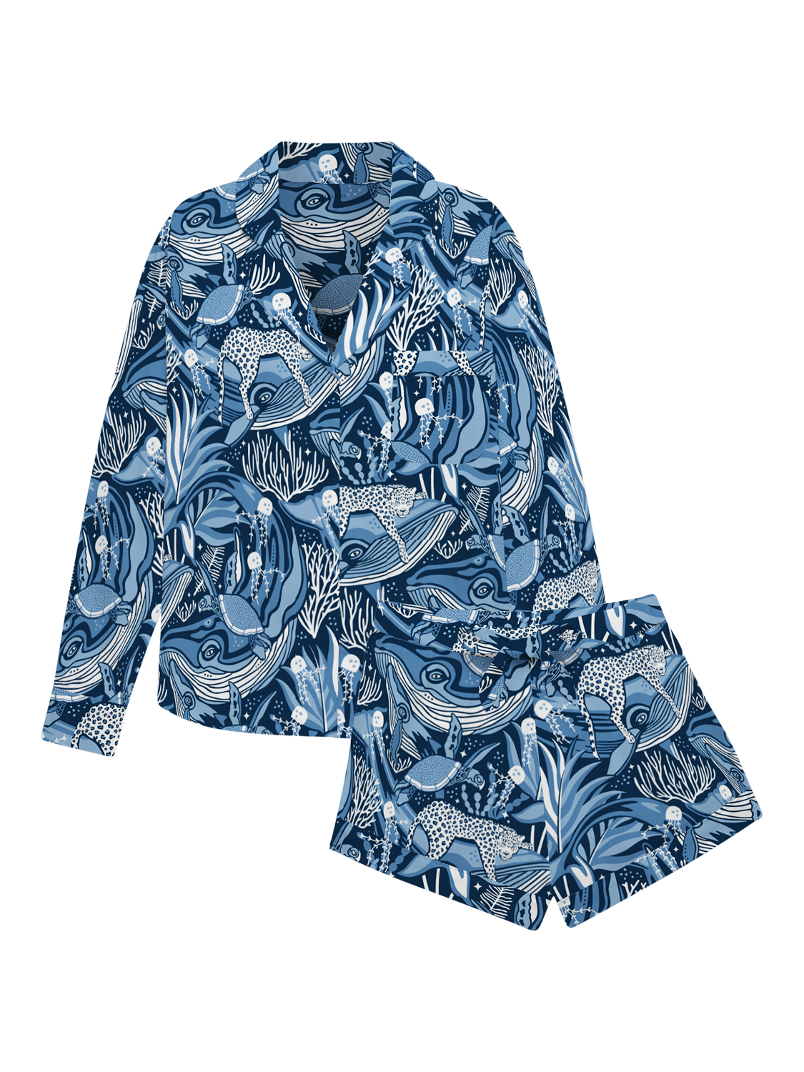 Product image 2 of 2, which shows myza Ocean Print Long Sleeve Shorty Pyjama Set, Blue, XS