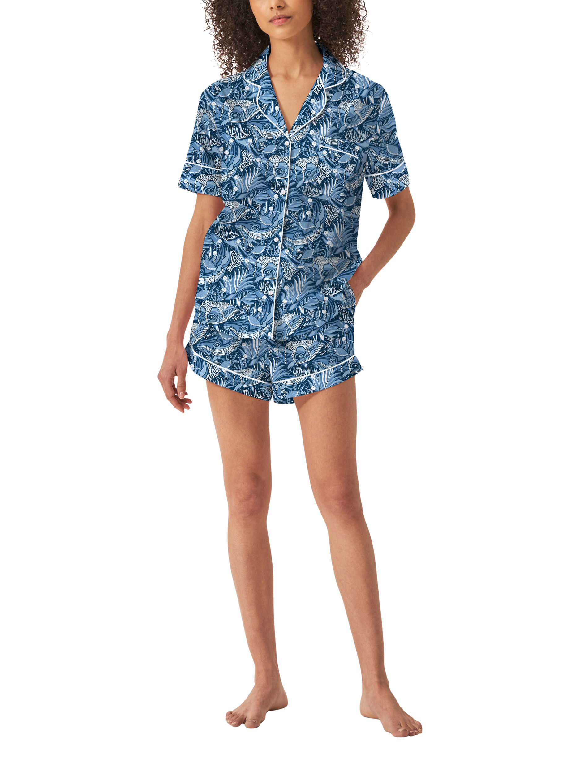 Product image 1 of 2, which shows myza Ocean Short Sleeve Shorty Pyjama Set, Blue, XS
