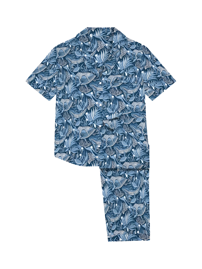 Product image 1 of 1, which shows myza Whale & Leopard Short Sleeve Long Pyjama Set, Ocean Blue, XS