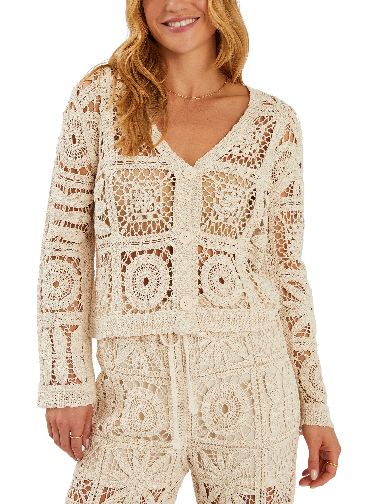 Product image 1 of 5, which shows Accessorize Crochet Cardigan, Natural, M