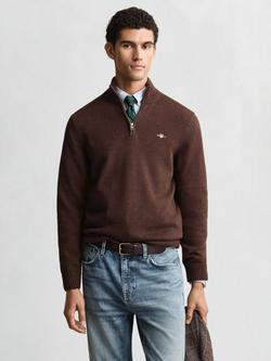 GANT Cotton Half-Zip Knit Jumper, Brown Melange, Brown Melange