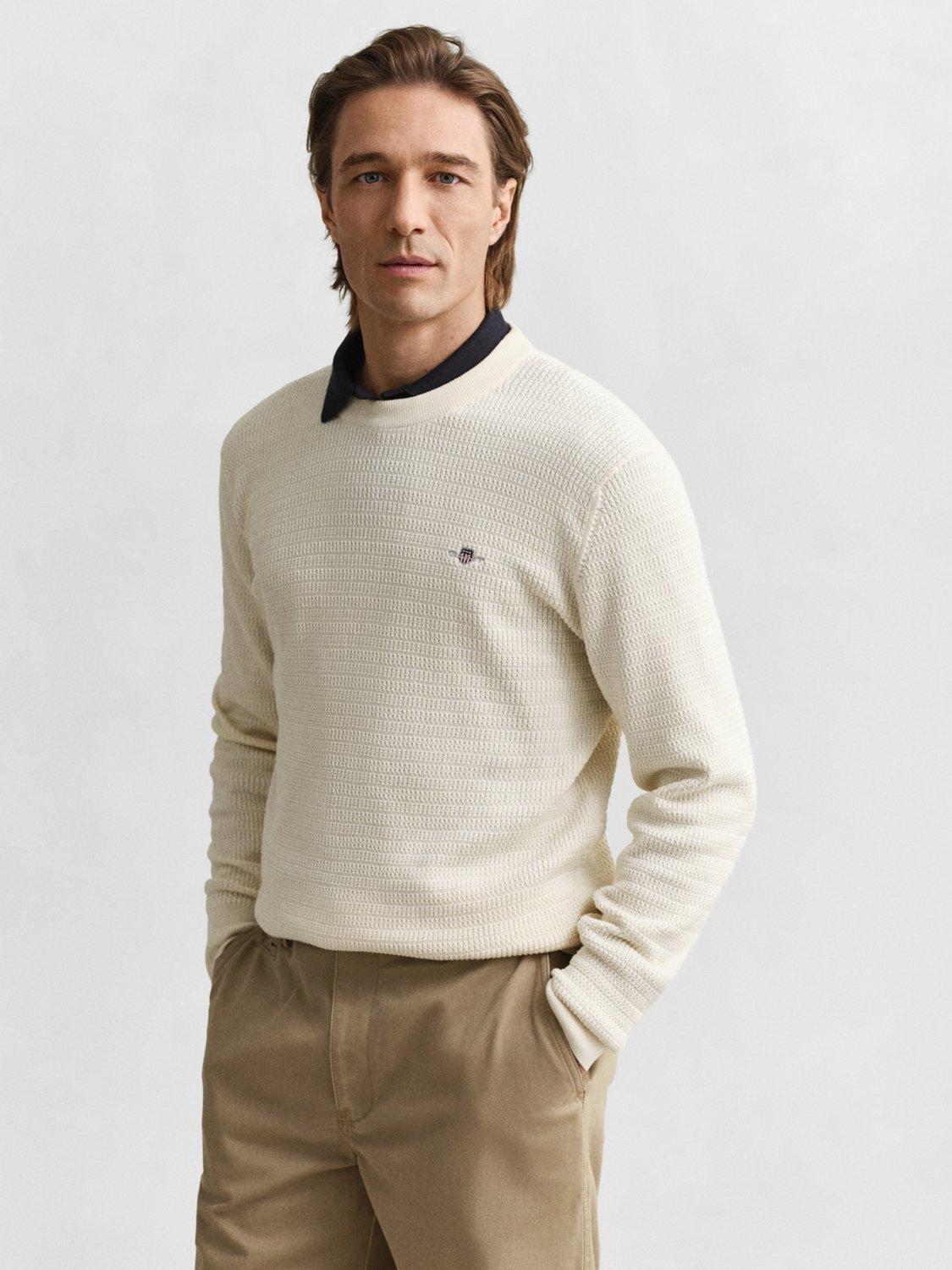 Product image 1 of 4, which shows GANT Cotton Mini Cable Knit Crew Neck Jumper, Cream, S