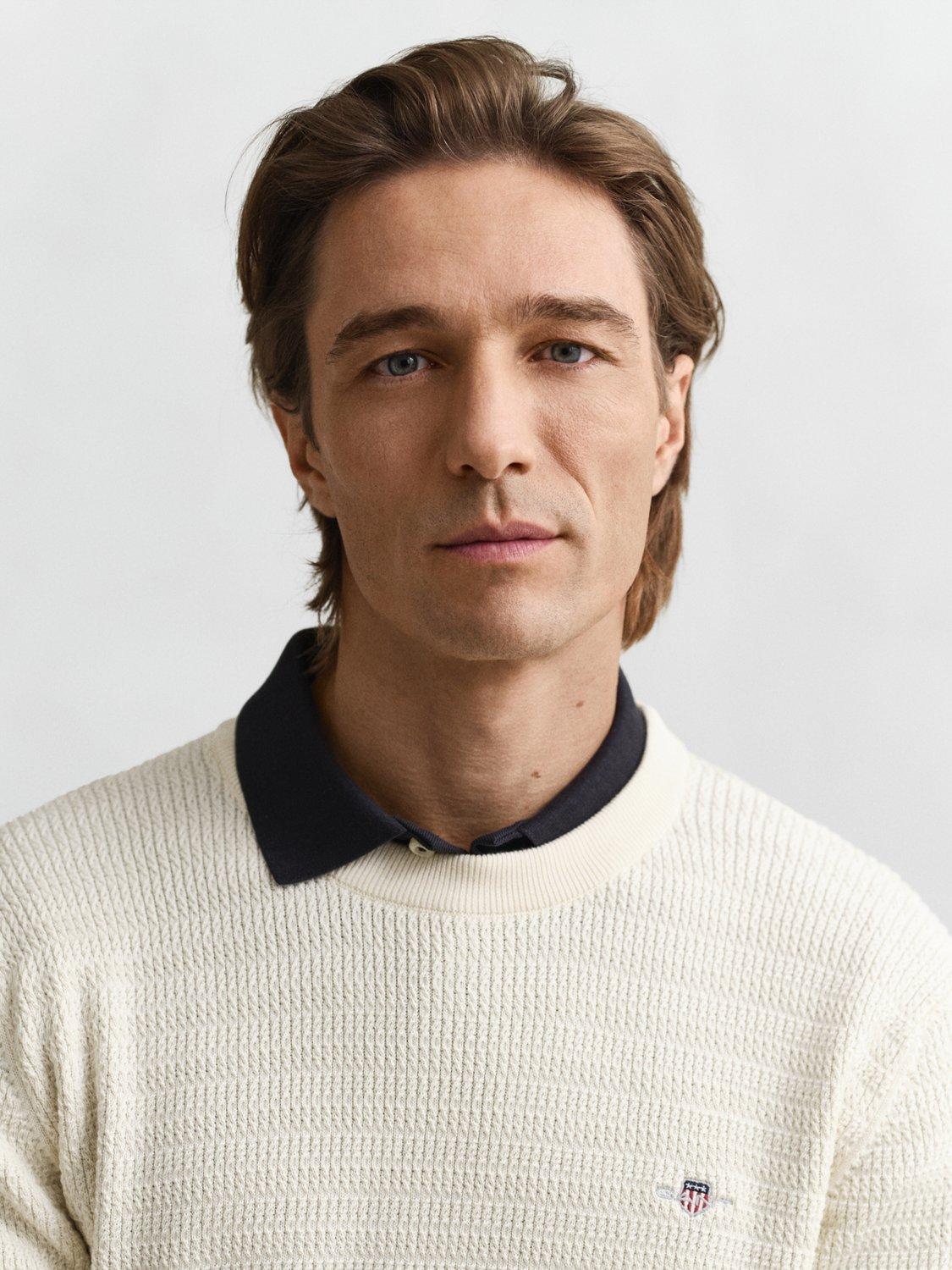 Product image 4 of 4, which shows GANT Cotton Mini Cable Knit Crew Neck Jumper, Cream, S