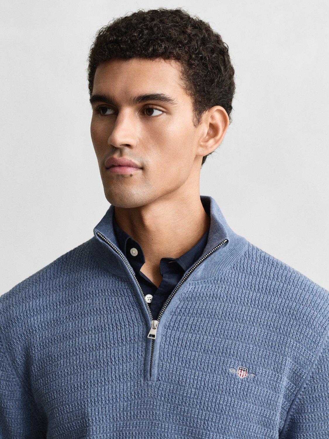 Product image 4 of 4, which shows GANT Cotton Mini Cable Knit Half-Zip Jumper, Denim Blue Melange, S