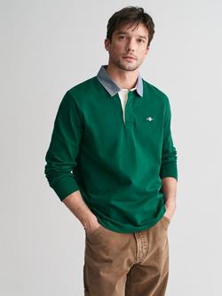 GANT Cotton Regular Fit Long Sleeve Shield Logo Polo Shirt, Deep Forest Green, Deep Forest Green