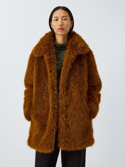 John Lewis x REJINA PYO Rear Tab Detail Faux Fur Coat, Toffee, Toffee