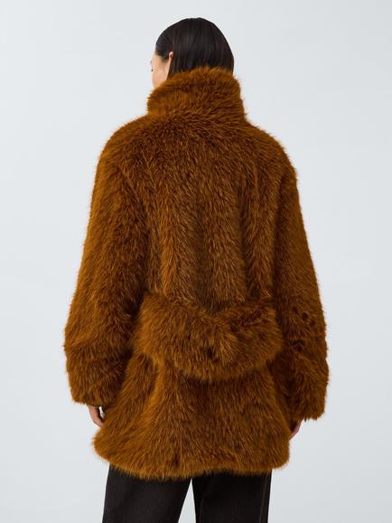 John Lewis x REJINA PYO Rear Tab Detail Faux Fur Coat, Toffee - view 2, Toffee