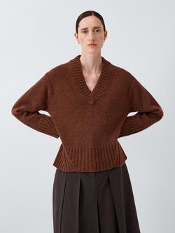 John Lewis x REJINA PYO Merino Wool Blend V-Neck Jumper, Chocolate