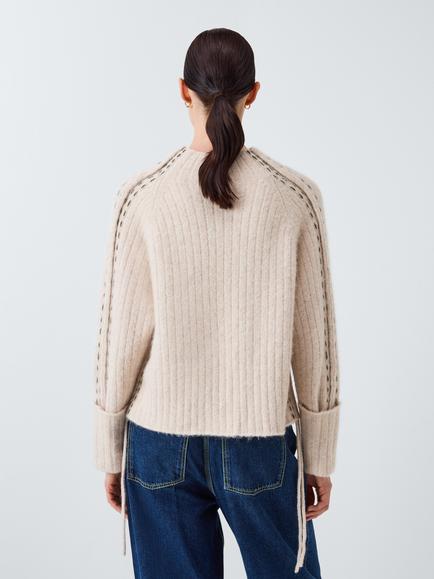 John Lewis x REJINA PYO High Neck Contrast Stitch Knit Jumper - view 2, Oatmeal