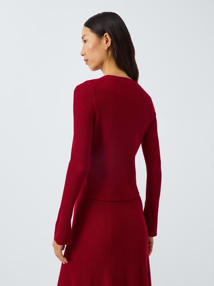 John Lewis x REJINA PYO Merino Wool Blend Rib Knit Button Detail Cardigan, Berry - view 2, Berry