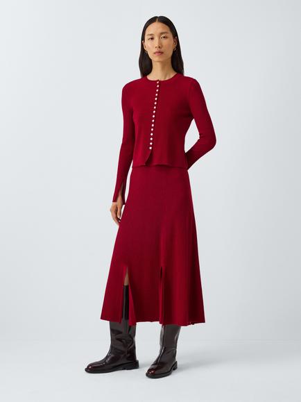 John Lewis x REJINA PYO Merino Wool Blend Rib Knit Split Detail Midi Skirt, Berry, Berry