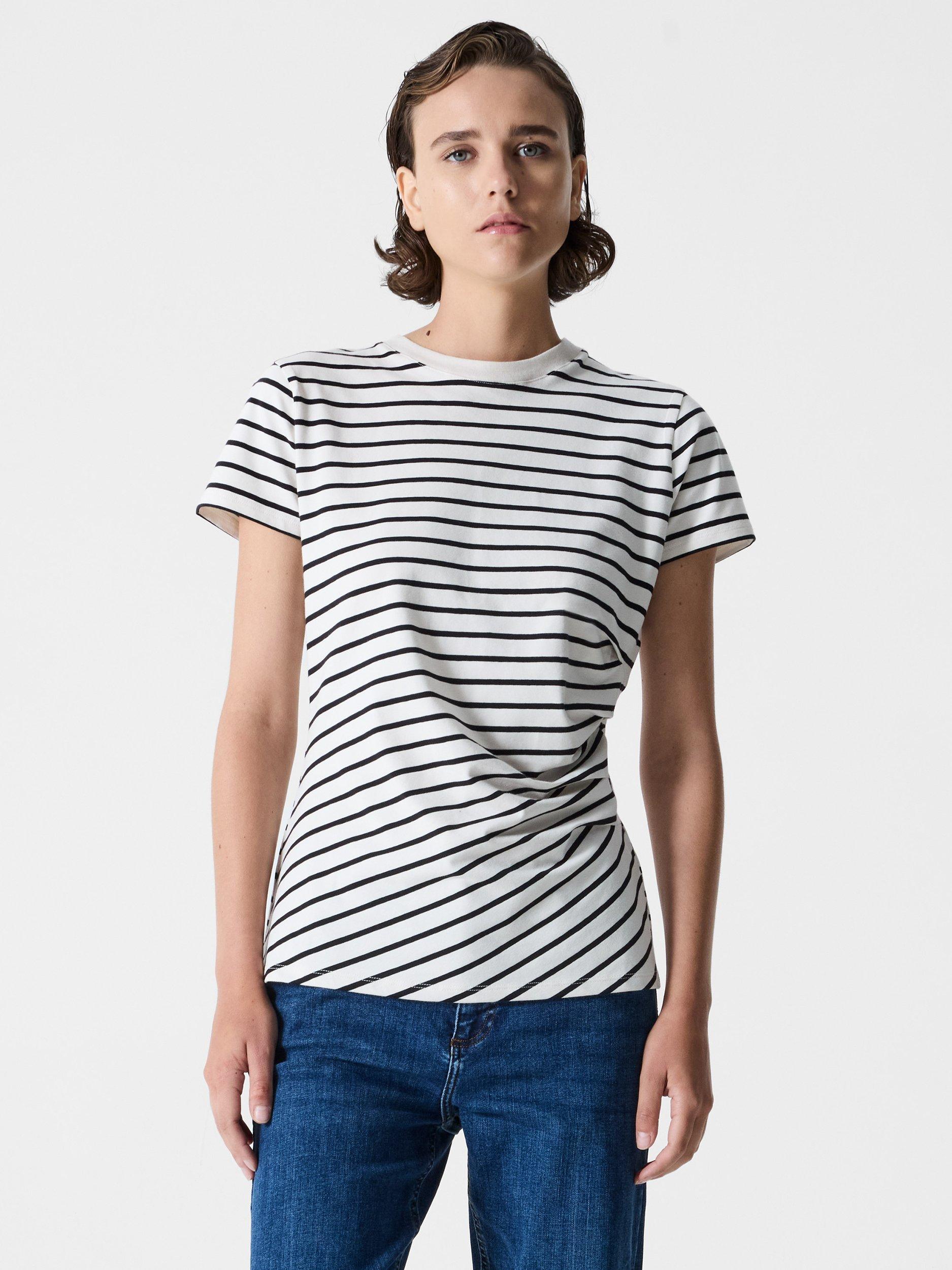 Product image 1 of 1, which shows French Connection Evie Stripe Ruched Top, Linen White/Black, XS