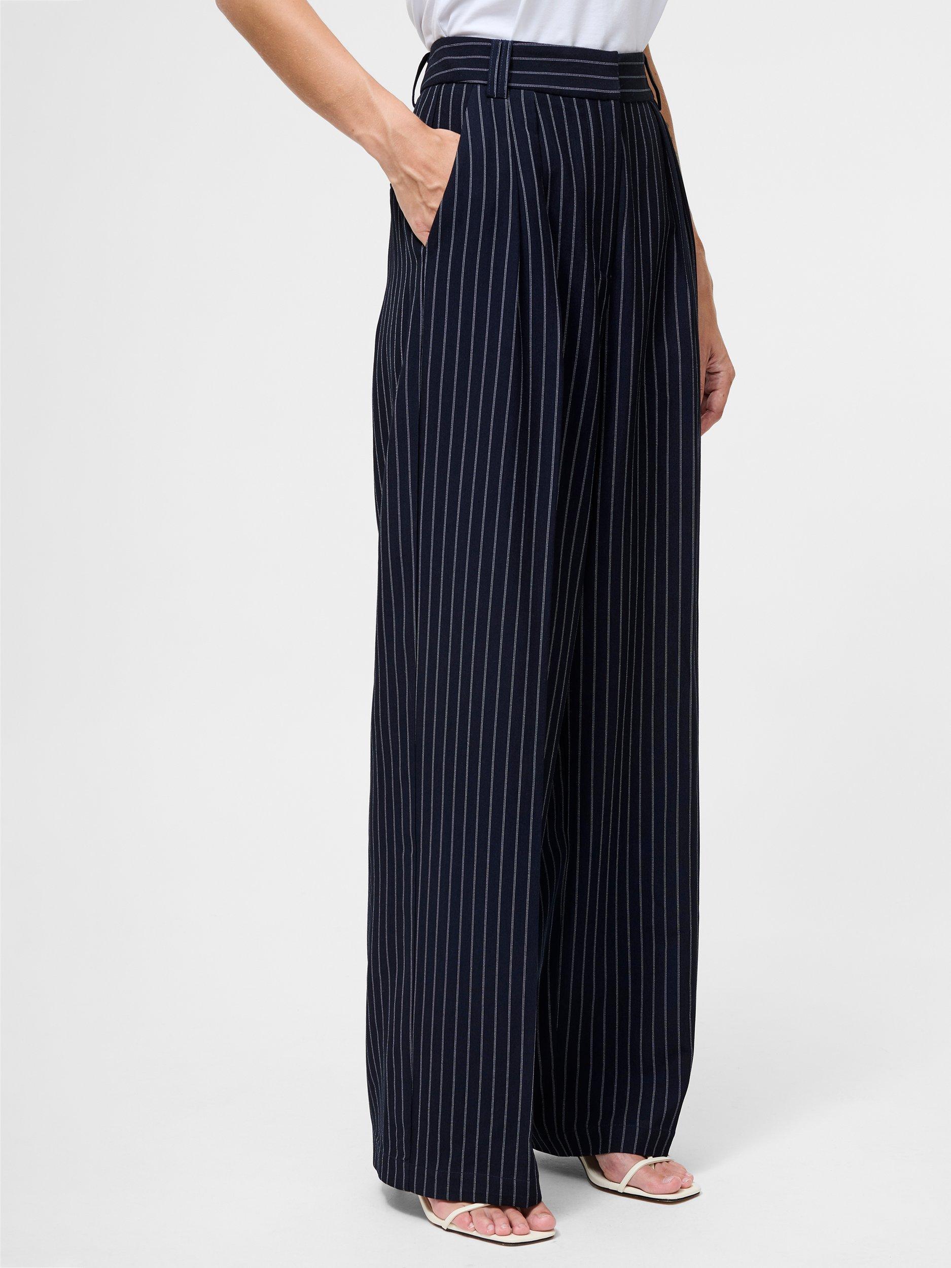 Product image 1 of 5, which shows French Connection High Waist Pinstripe Tailored Trousers, Navy/White, 6