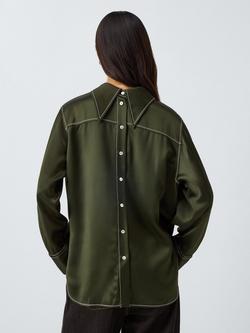 John Lewis x REJINA PYO Satin Contrast Stitch Reversible Pocket Detail Shirt, Olive Green - view 2, Olive Green