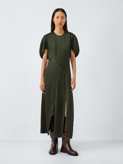 John Lewis x REJINA PYO Satin Contrast Stitch Detail Volume Sleeve Midi Dress, Olive Green, Olive Green