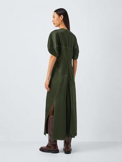 John Lewis x REJINA PYO Satin Contrast Stitch Detail Volume Sleeve Midi Dress, Olive Green - view 2, Olive Green
