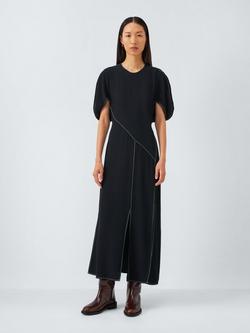 John Lewis x REJINA PYO Crepe Contrast Stitch Detail Volume Sleeve Midi Dress, Black, Black
