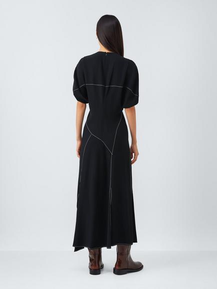 John Lewis x REJINA PYO Crepe Contrast Stitch Detail Volume Sleeve Midi Dress, Black - view 2, Black