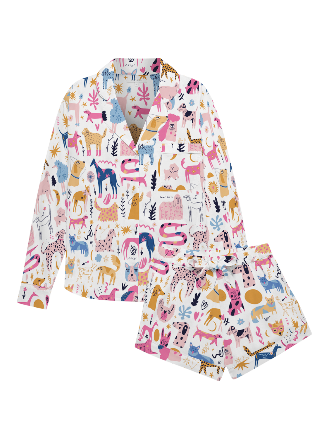 Product image 1 of 1, which shows myza Dog Print Long Sleeve Shorty Pyjama Set, Multi, XS
