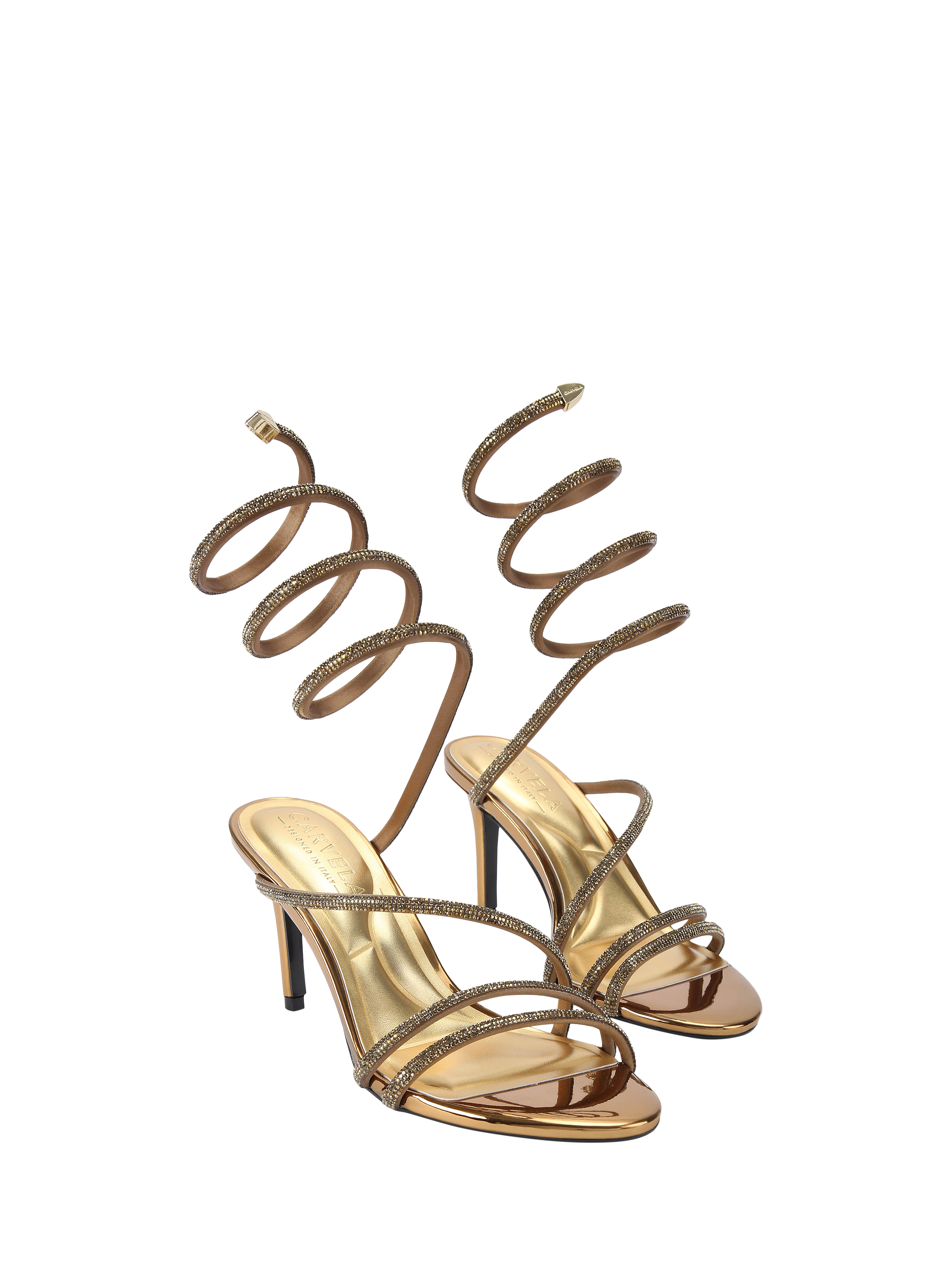 Product image 3 of 4, which shows Carvela Spiral 80 Strappy Sandals, Bright Gold, 3