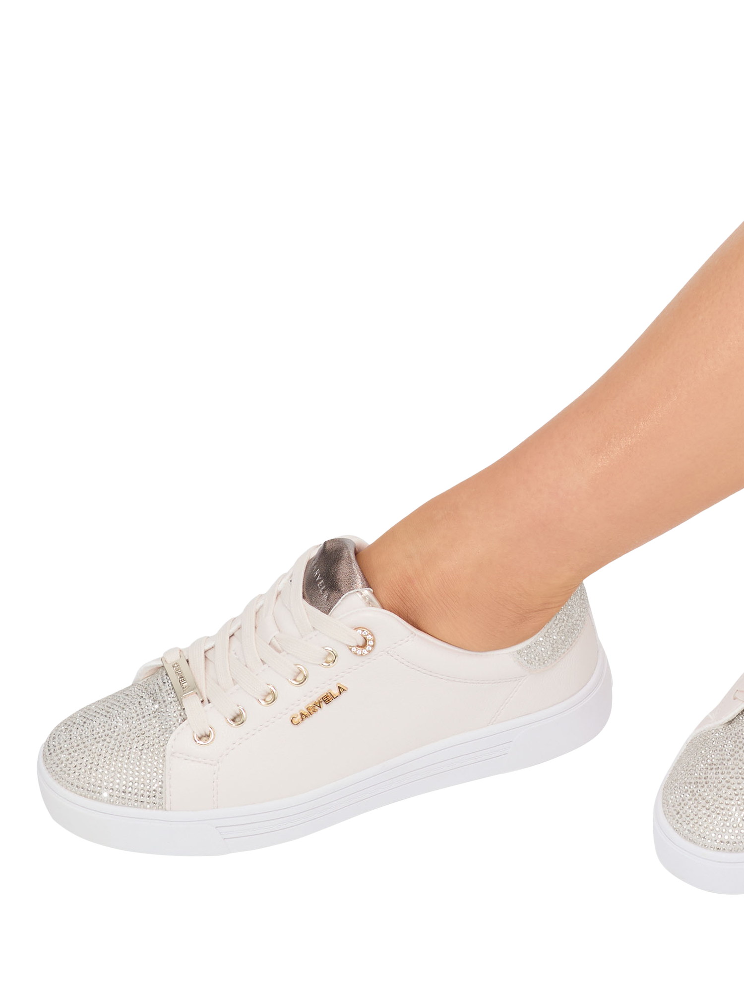 Product image 2 of 5, which shows Carvela Daze Top Cap Embellished Trainers, Gold, 3