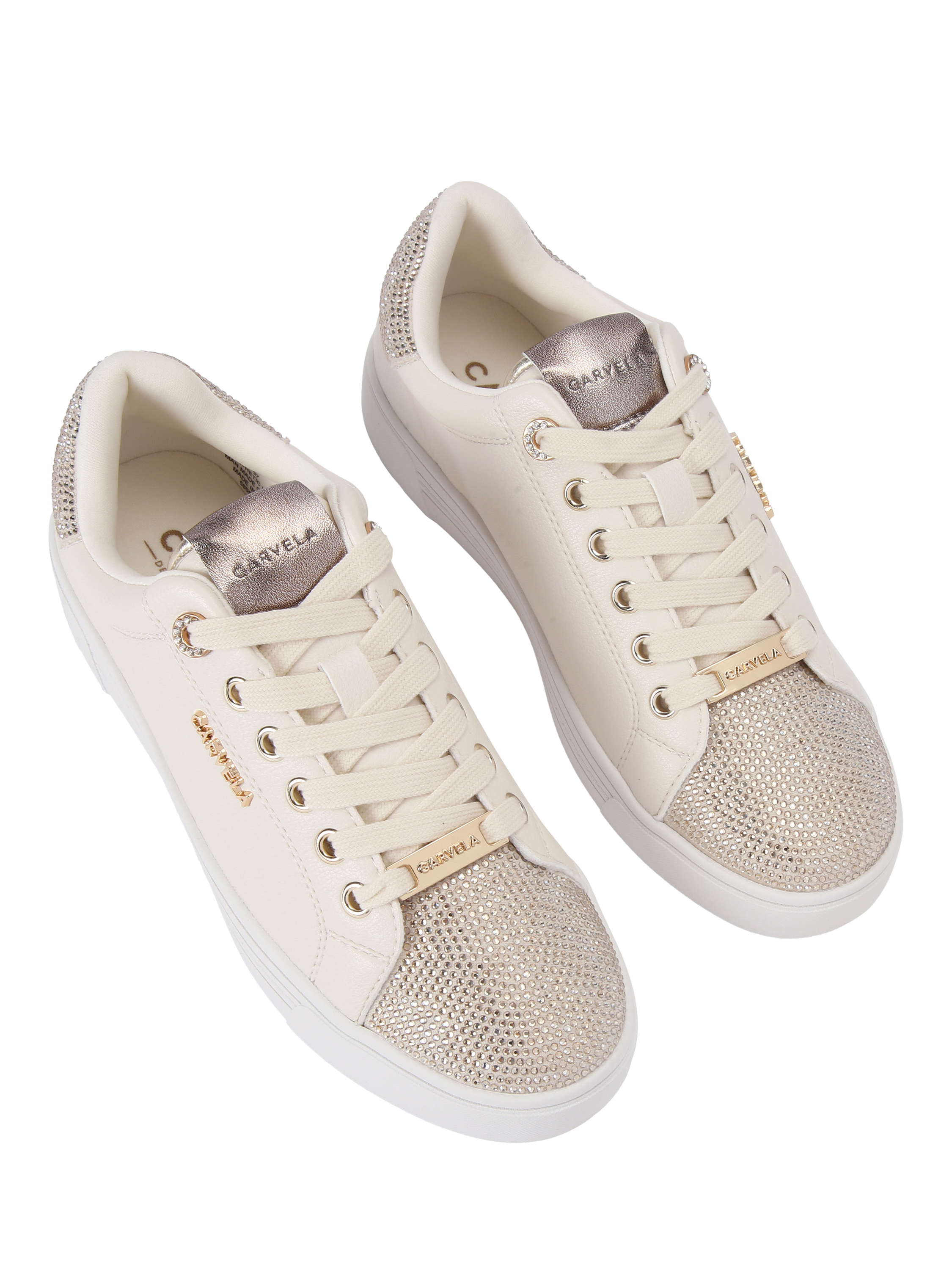 Product image 3 of 5, which shows Carvela Daze Top Cap Embellished Trainers, Gold, 3