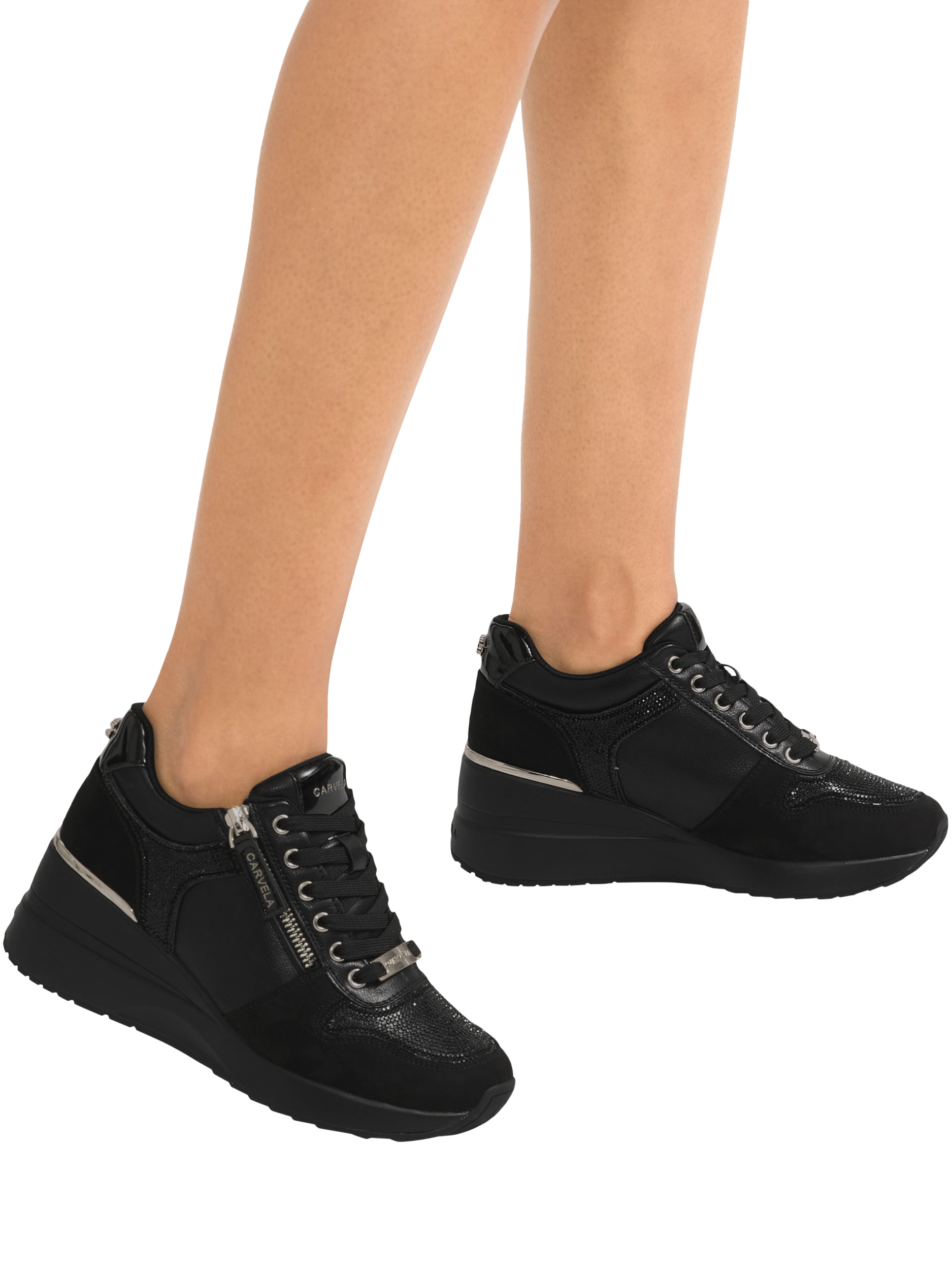 Product image 2 of 5, which shows Carvela High Rise Lace Up Trainers, Black/Comb, 3