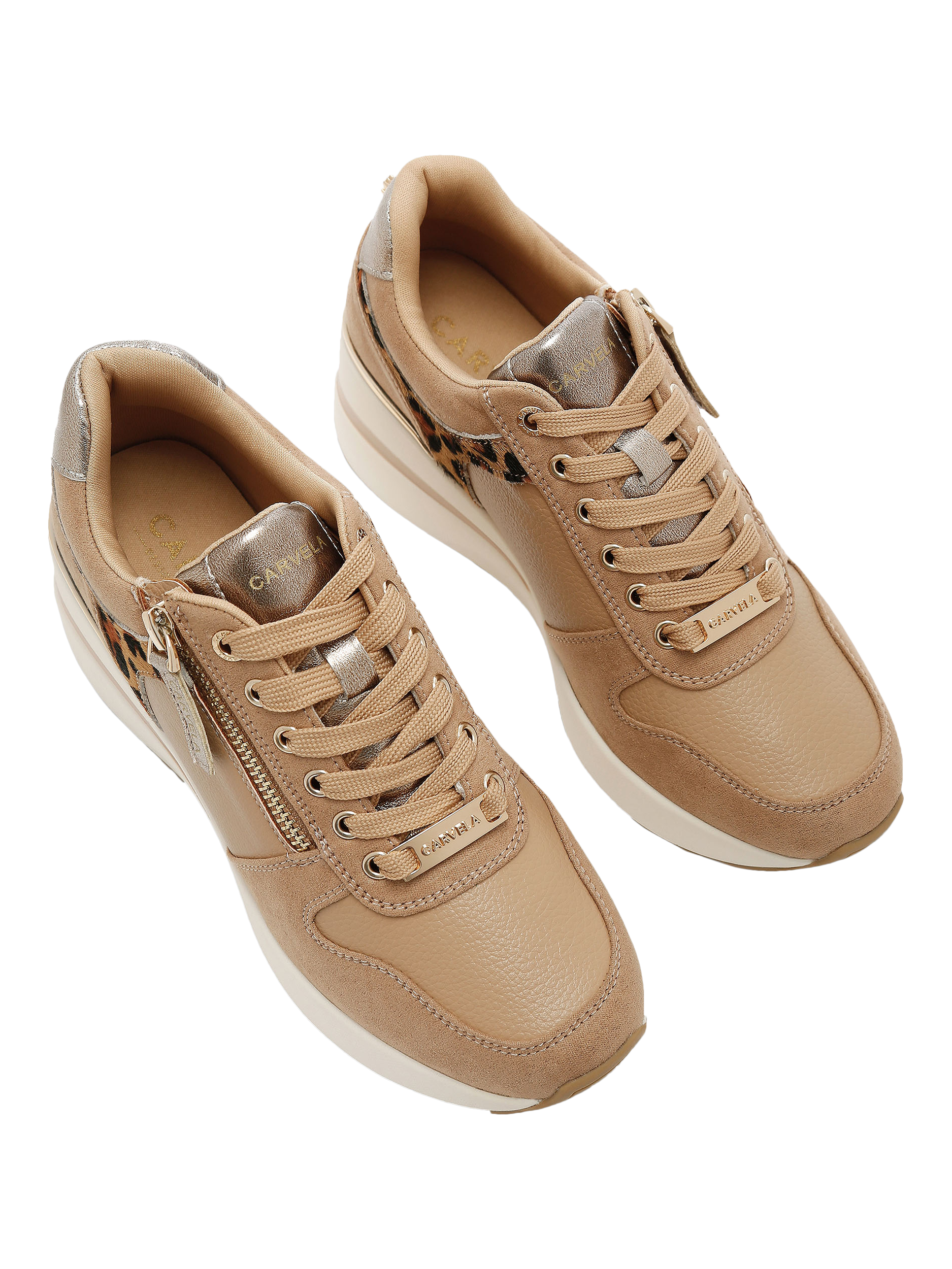 Product image 3 of 5, which shows Carvela High Rise Lace Up Trainers, Camel/Comb, 3