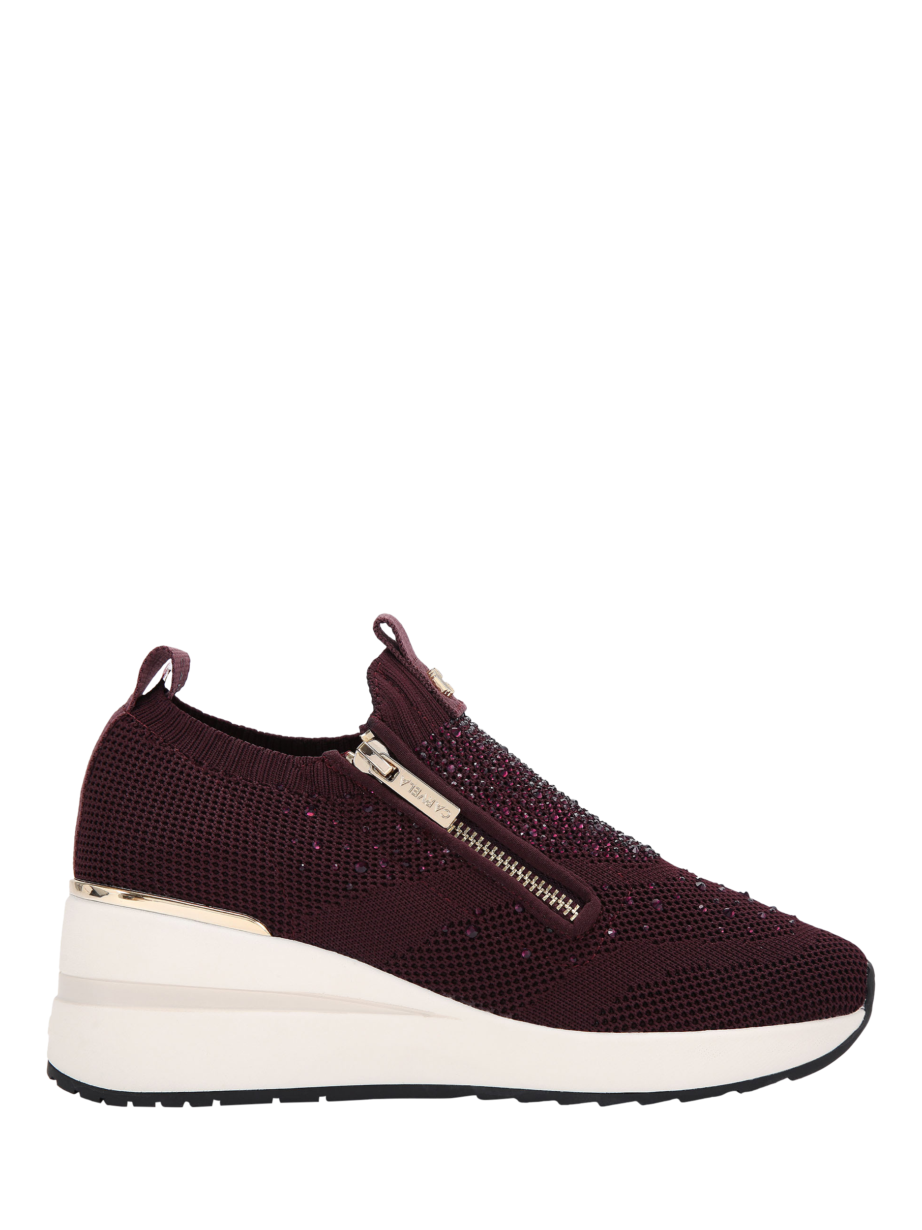 Product image 1 of 5, which shows Carvela High Rise Zip Knitted Trainers, Wine, 3