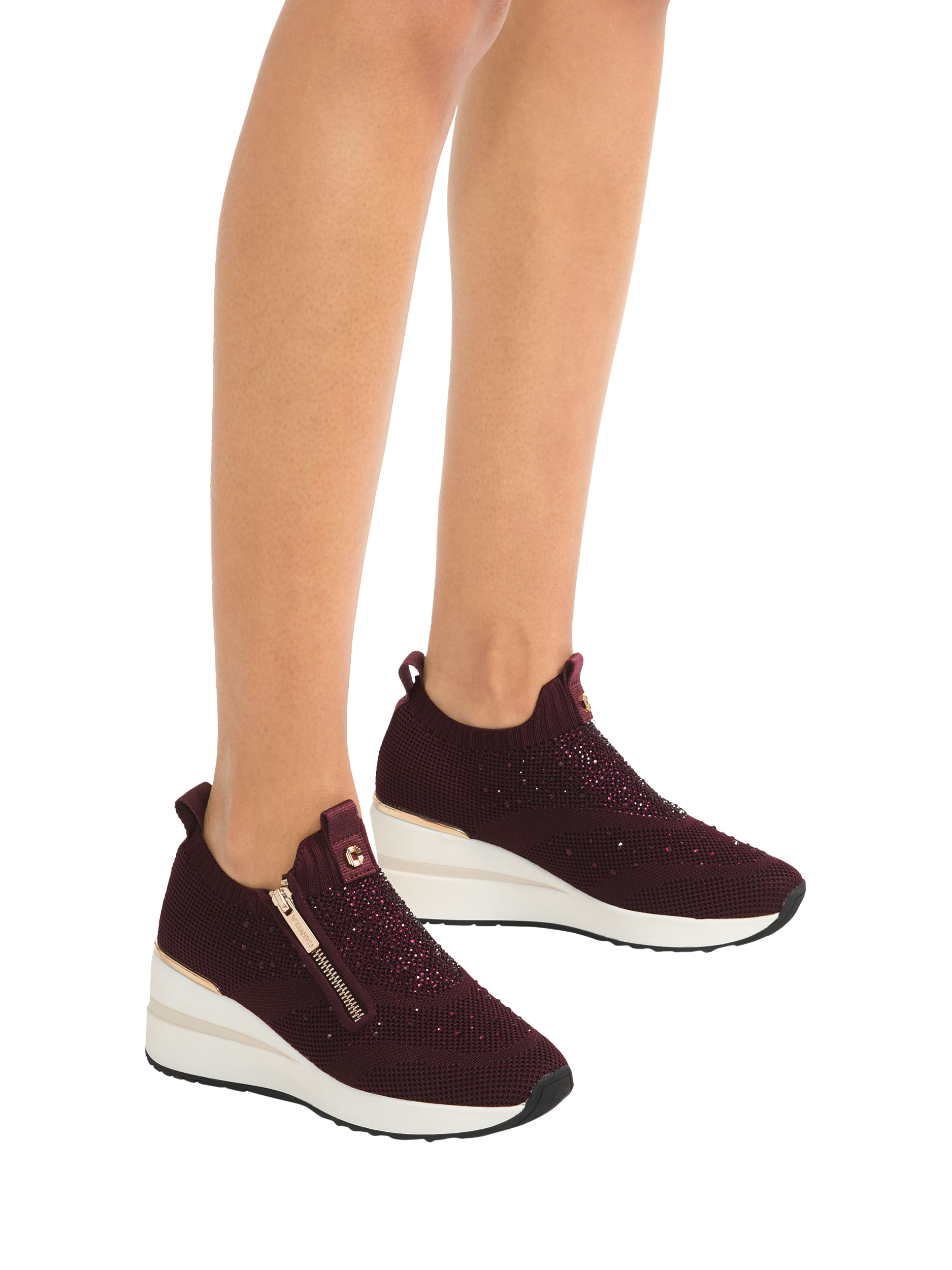 Product image 2 of 5, which shows Carvela High Rise Zip Knitted Trainers, Wine, 3