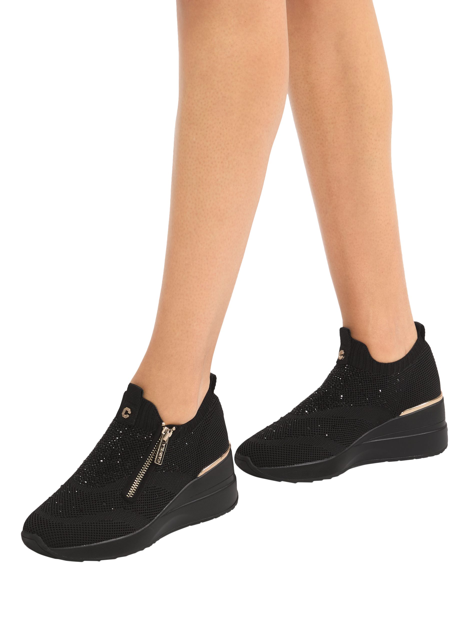 Product image 2 of 5, which shows Carvela High Rise Zip Knitted Trainers, Black, 3
