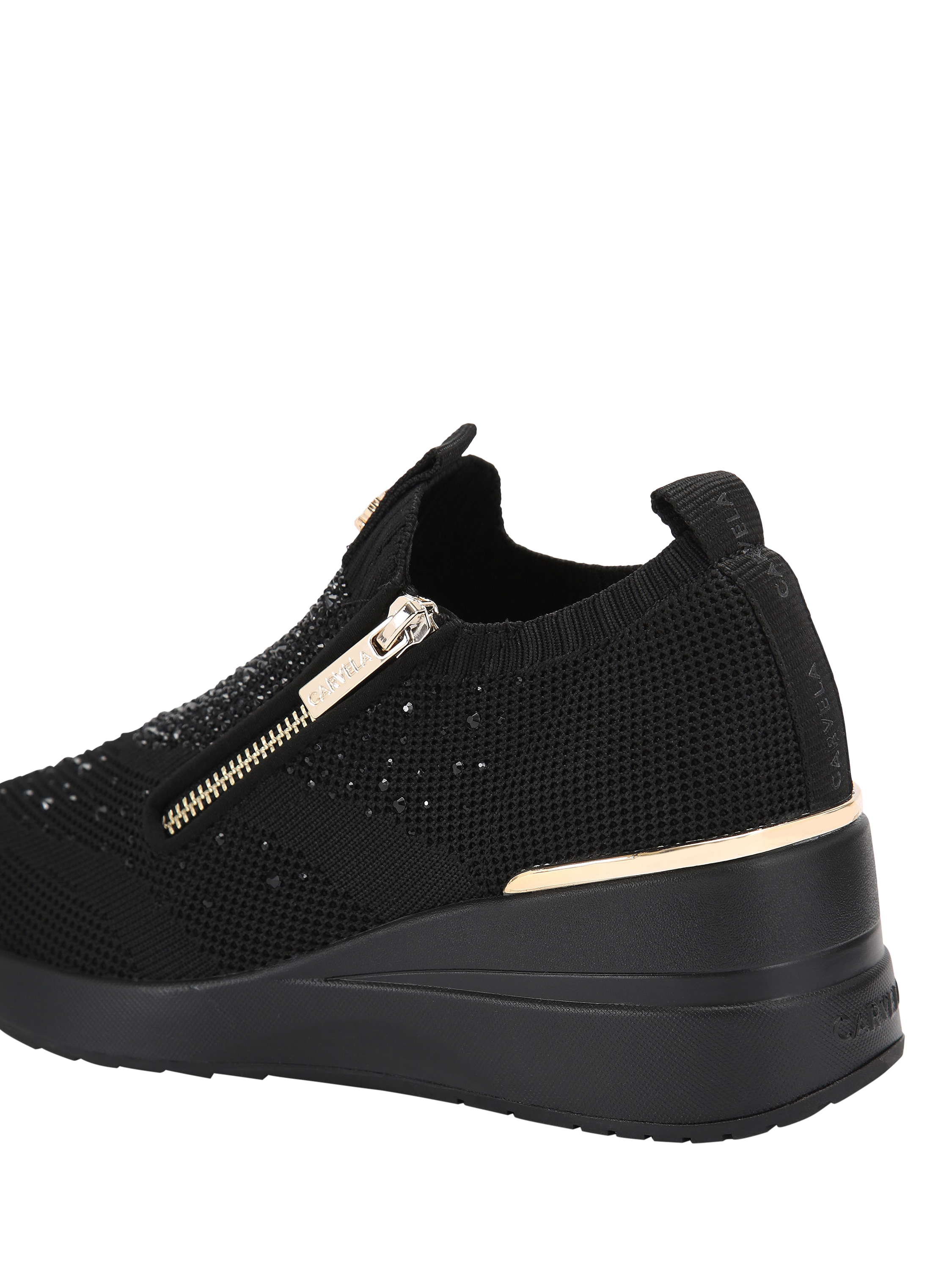 Product image 4 of 5, which shows Carvela High Rise Zip Knitted Trainers, Black, 3