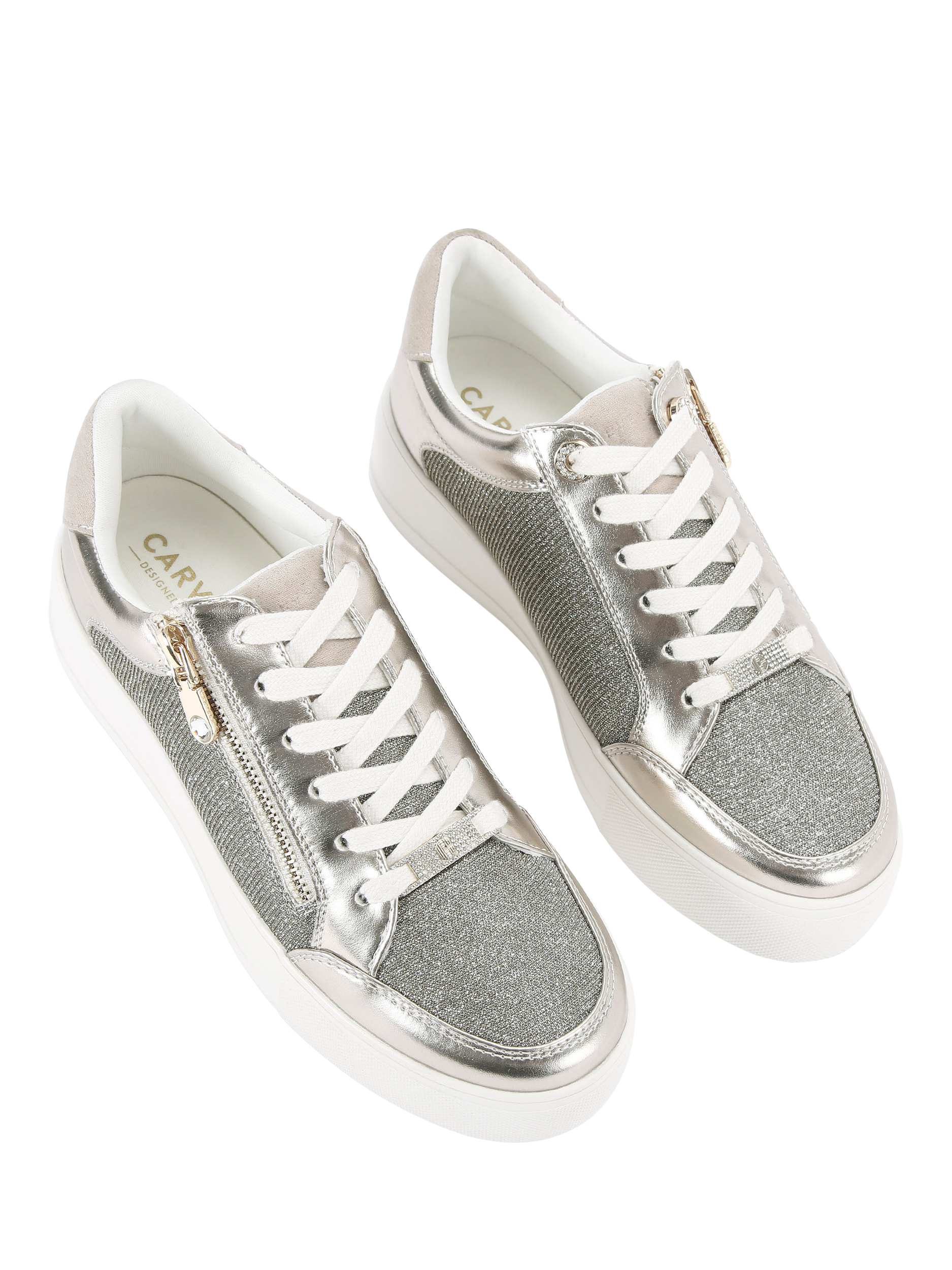 Product image 3 of 5, which shows Carvela Jive Zip Flatform Embellished Trainers, Silver, 3
