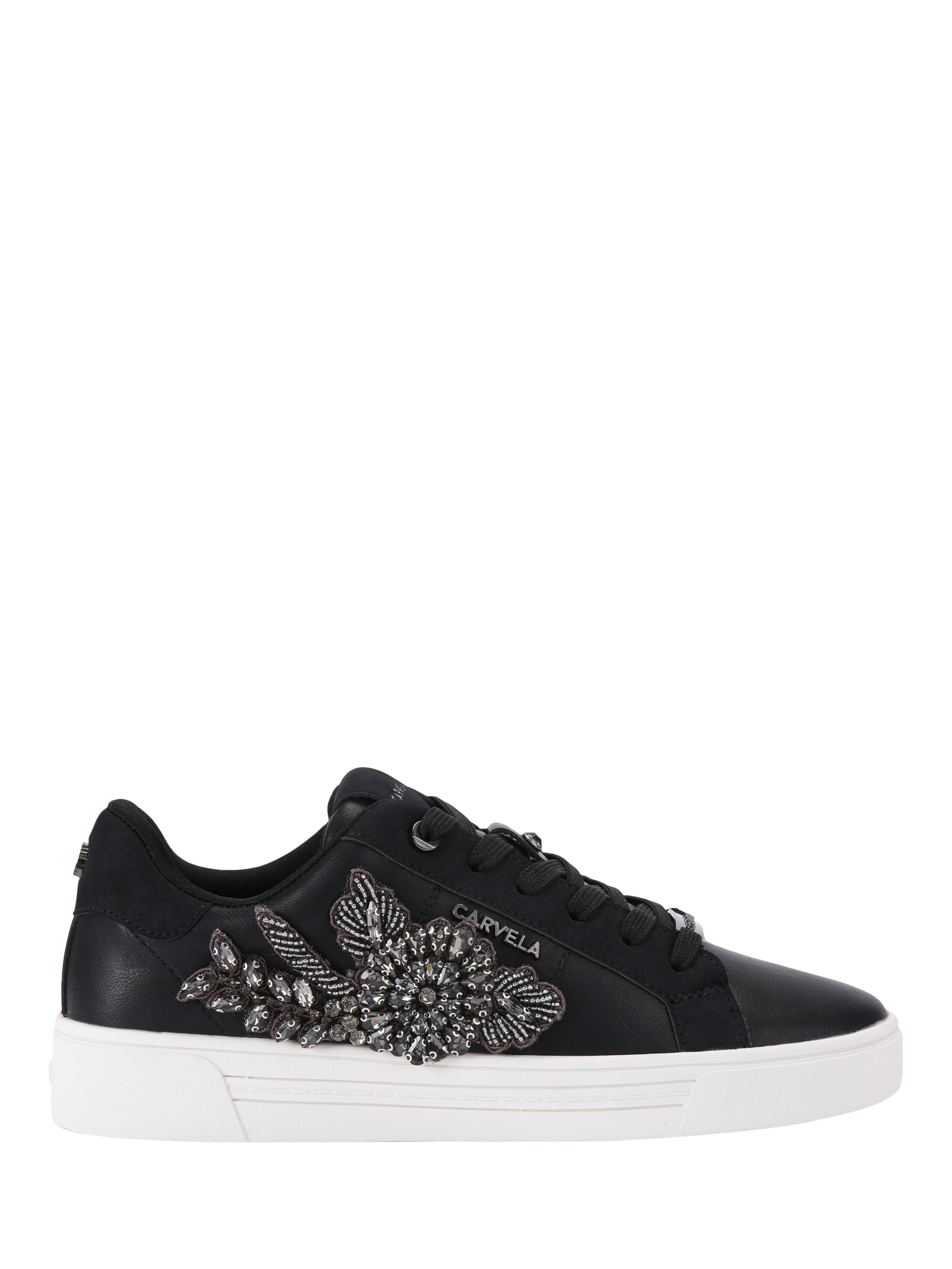 Product image 1 of 5, which shows Carvela Mortella Jewel Patch Lace Up Trainers, Black, 3