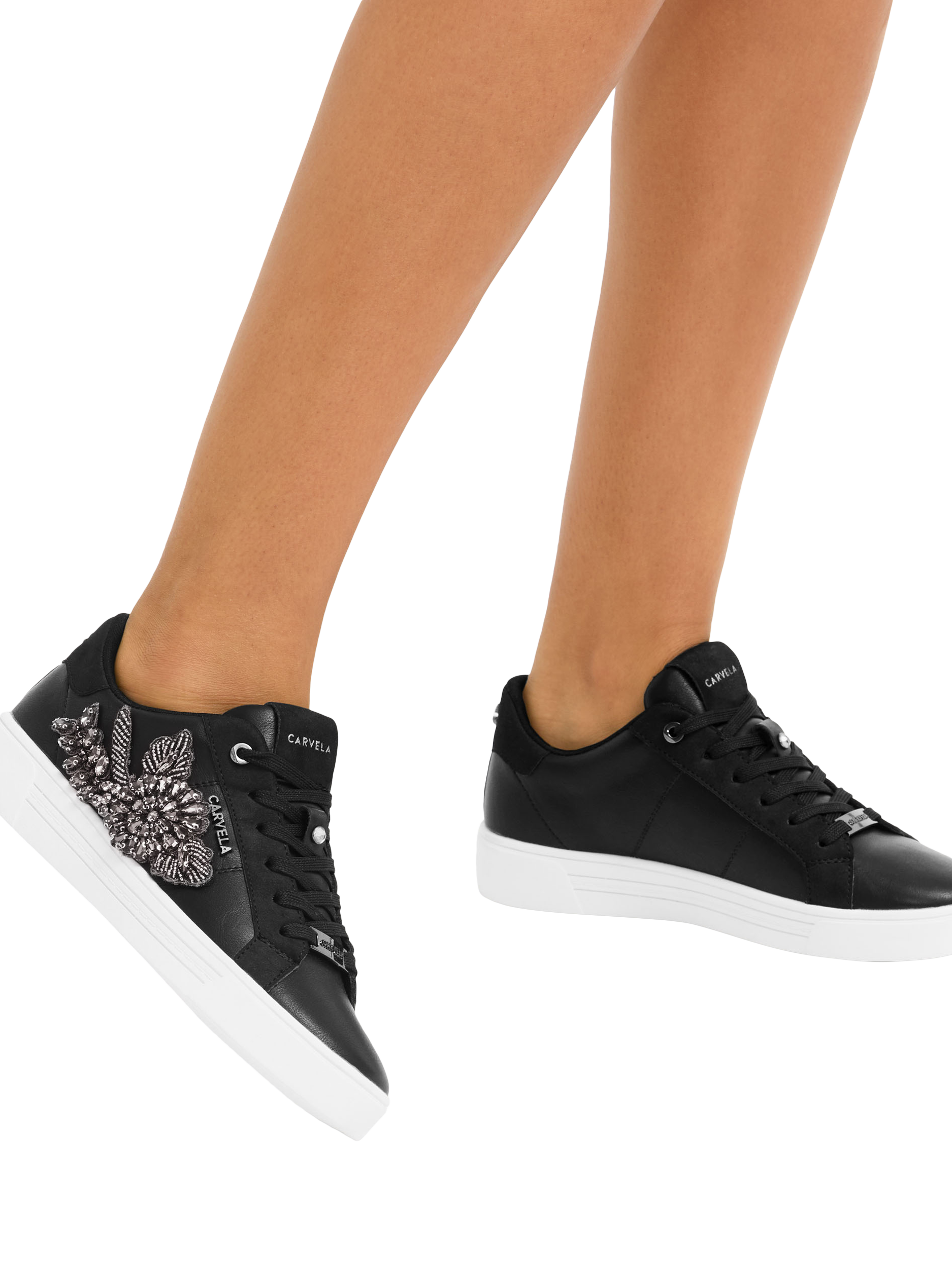 Product image 2 of 5, which shows Carvela Mortella Jewel Patch Lace Up Trainers, Black, 3