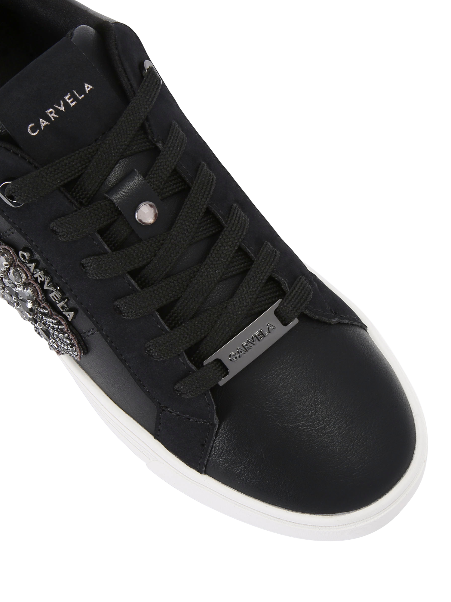 Product image 5 of 5, which shows Carvela Mortella Jewel Patch Lace Up Trainers, Black, 3