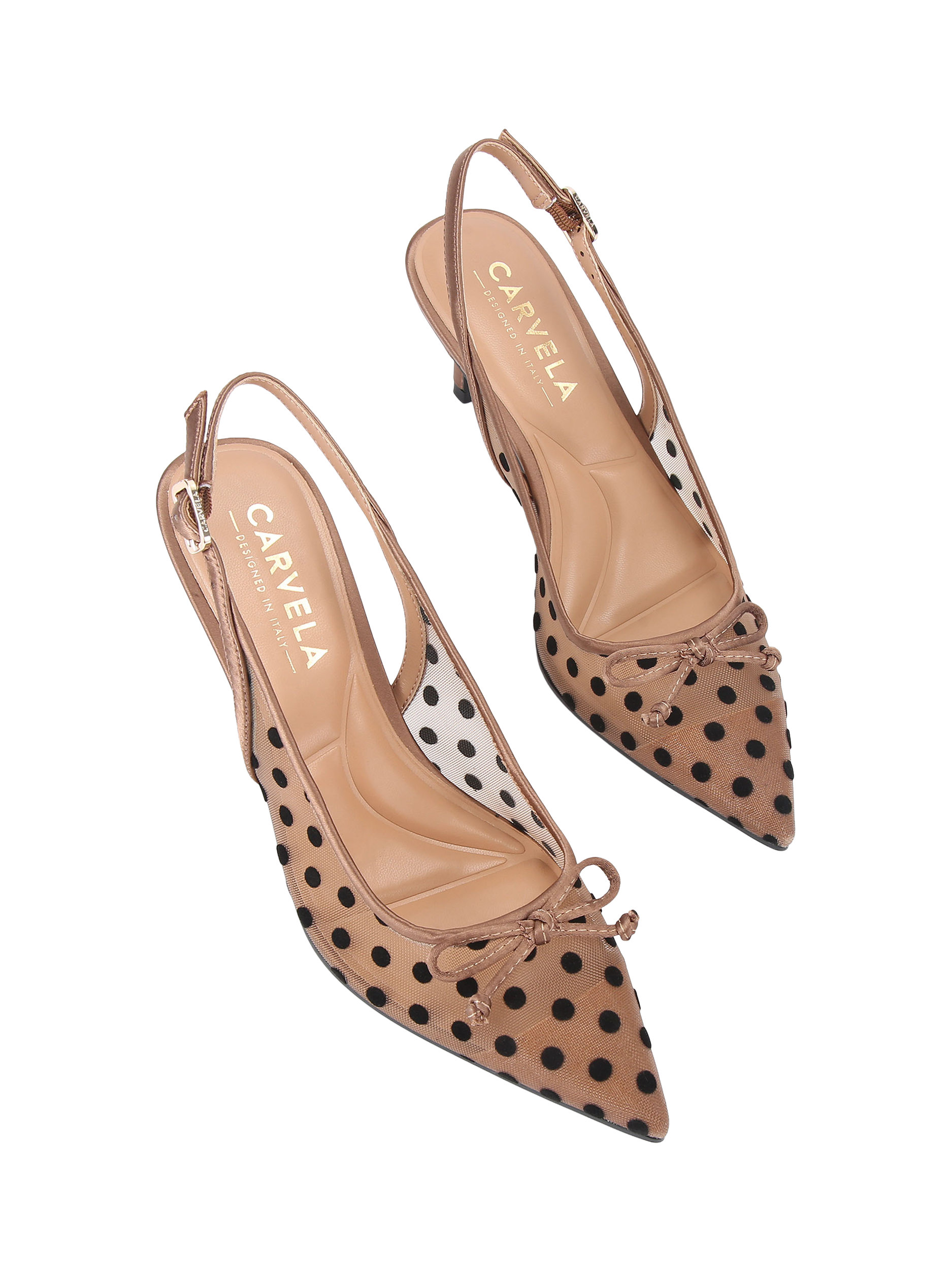 Product image 3 of 5, which shows Carvela Positano Polka Dot Mesh Pointed Slingback Courts, Brown/Black, 3
