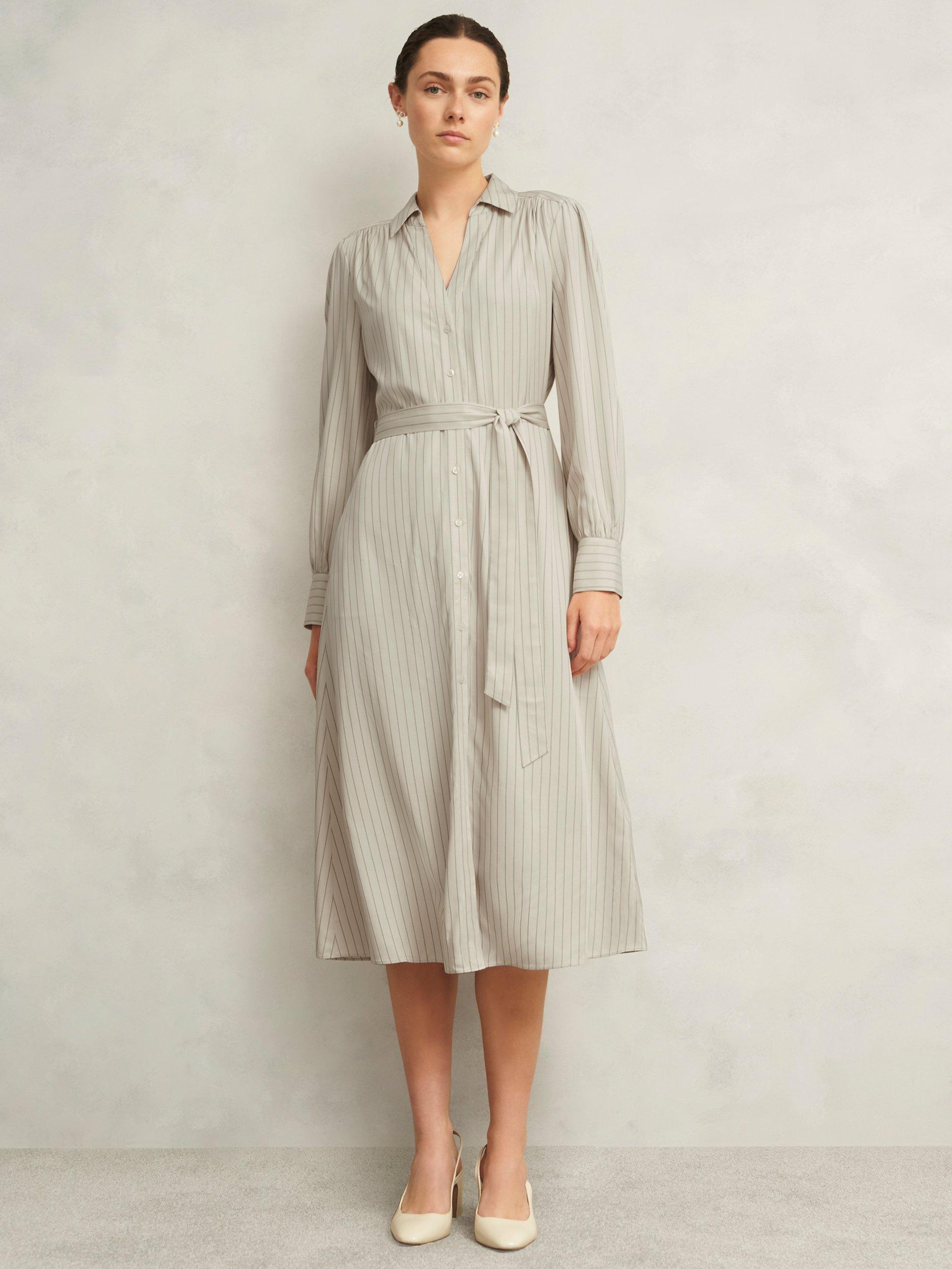 Product image 1 of 6, which shows Hobbs Eleanor Striped Long Sleeved Midi T-Shirt Dress, Soft Beige, 10