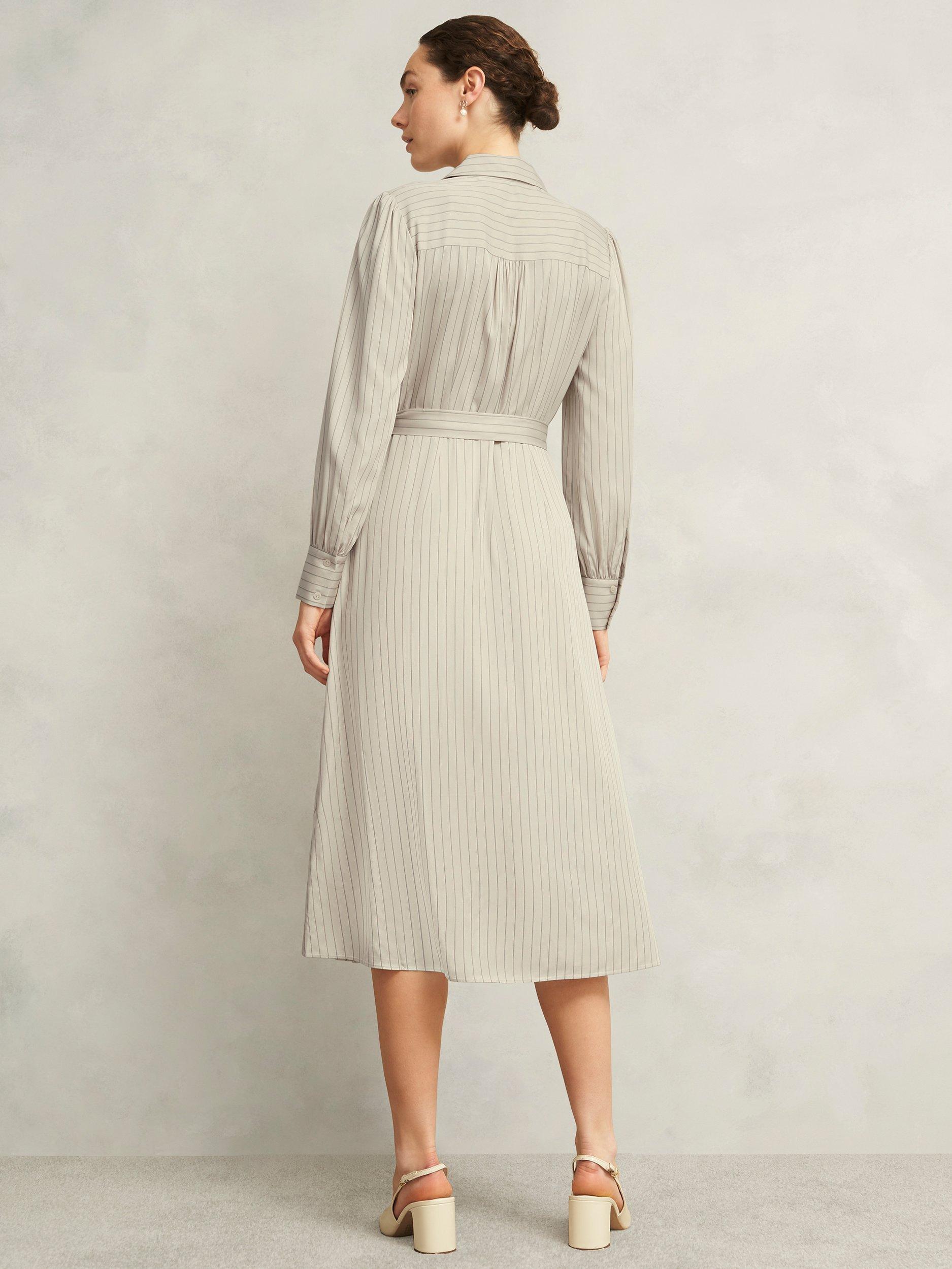 Product image 2 of 6, which shows Hobbs Eleanor Striped Long Sleeved Midi T-Shirt Dress, Soft Beige, 10