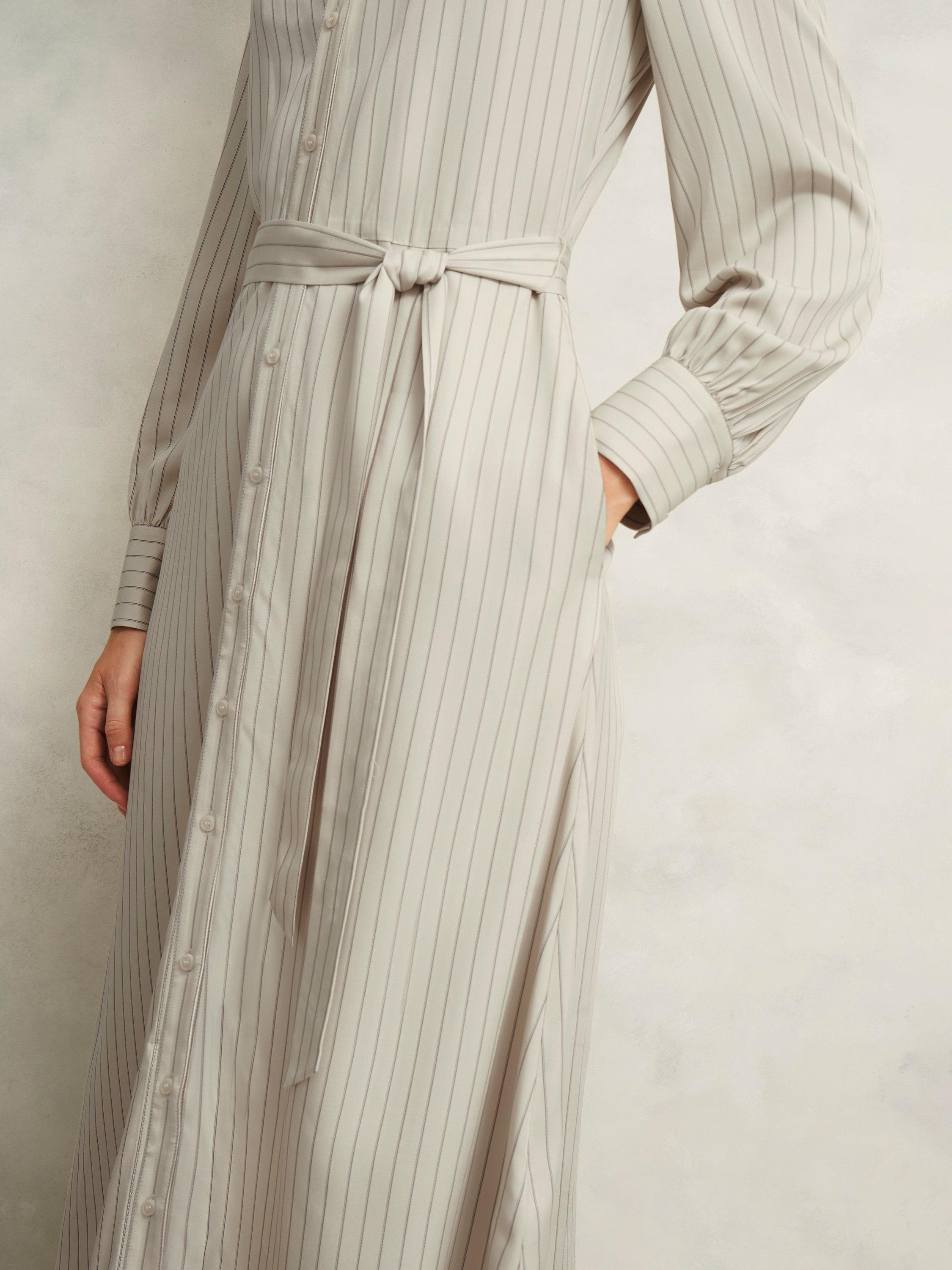 Product image 3 of 6, which shows Hobbs Eleanor Striped Long Sleeved Midi T-Shirt Dress, Soft Beige, 10