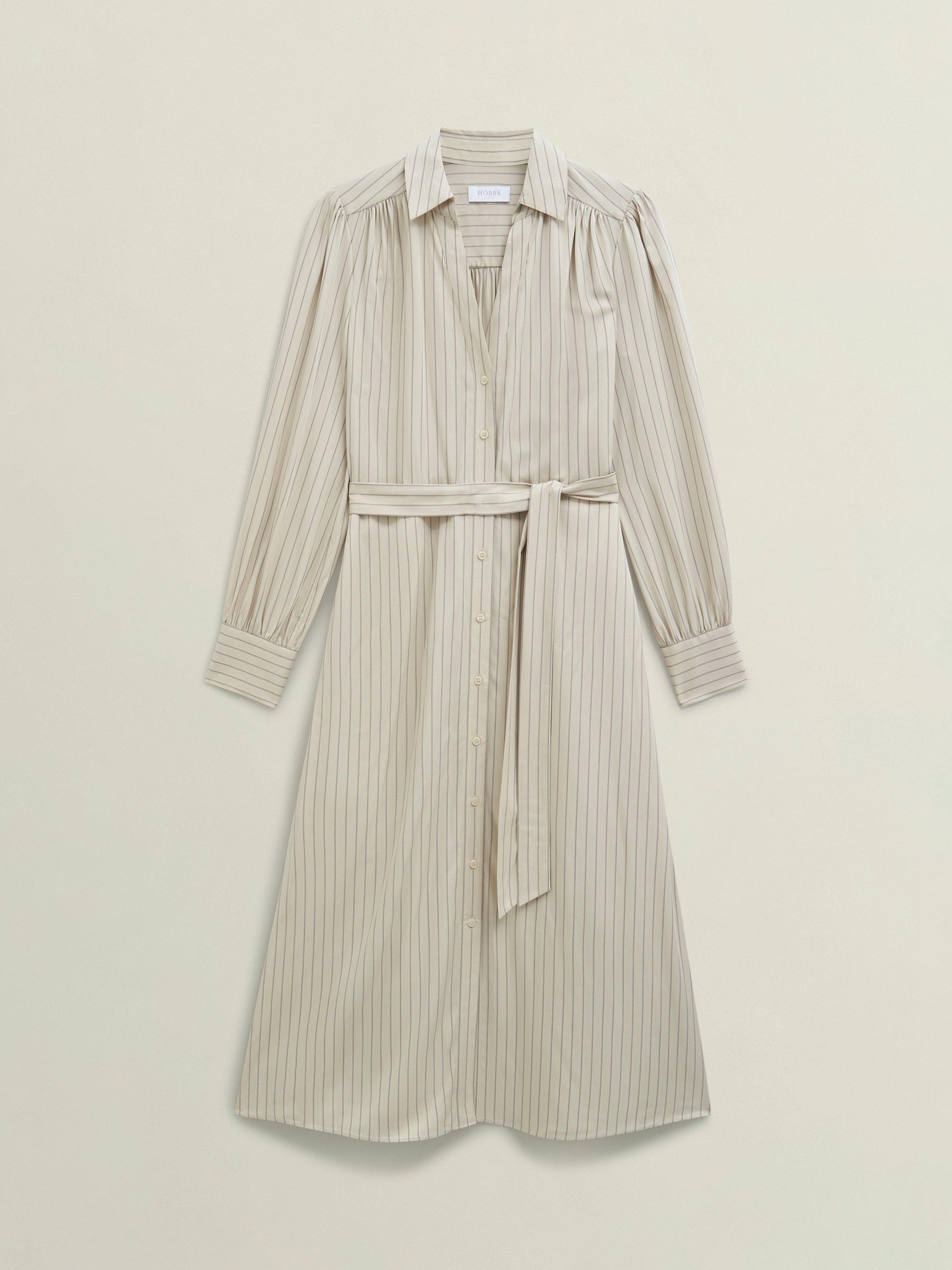 Product image 4 of 6, which shows Hobbs Eleanor Striped Long Sleeved Midi T-Shirt Dress, Soft Beige, 10