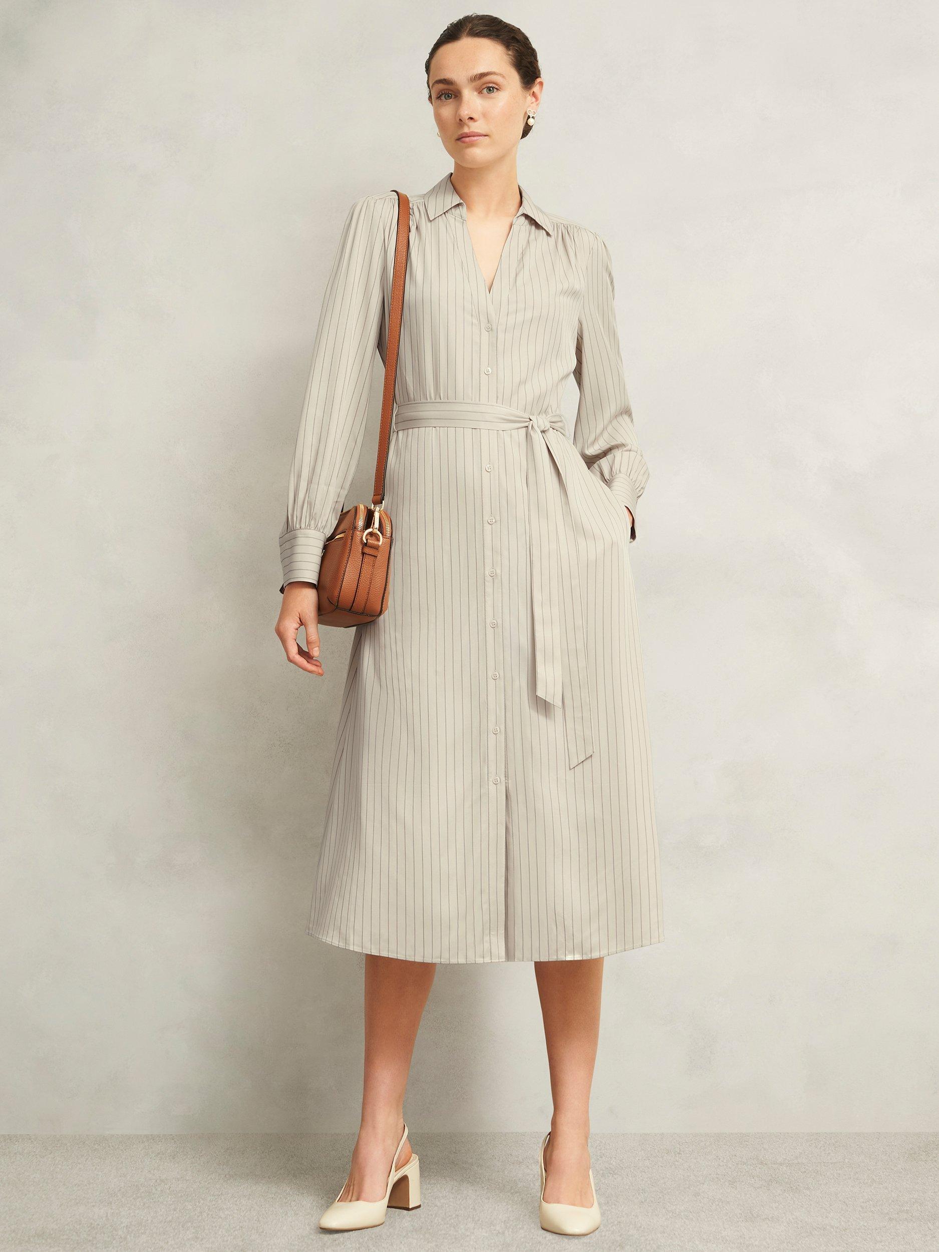 Product image 5 of 6, which shows Hobbs Eleanor Striped Long Sleeved Midi T-Shirt Dress, Soft Beige, 10